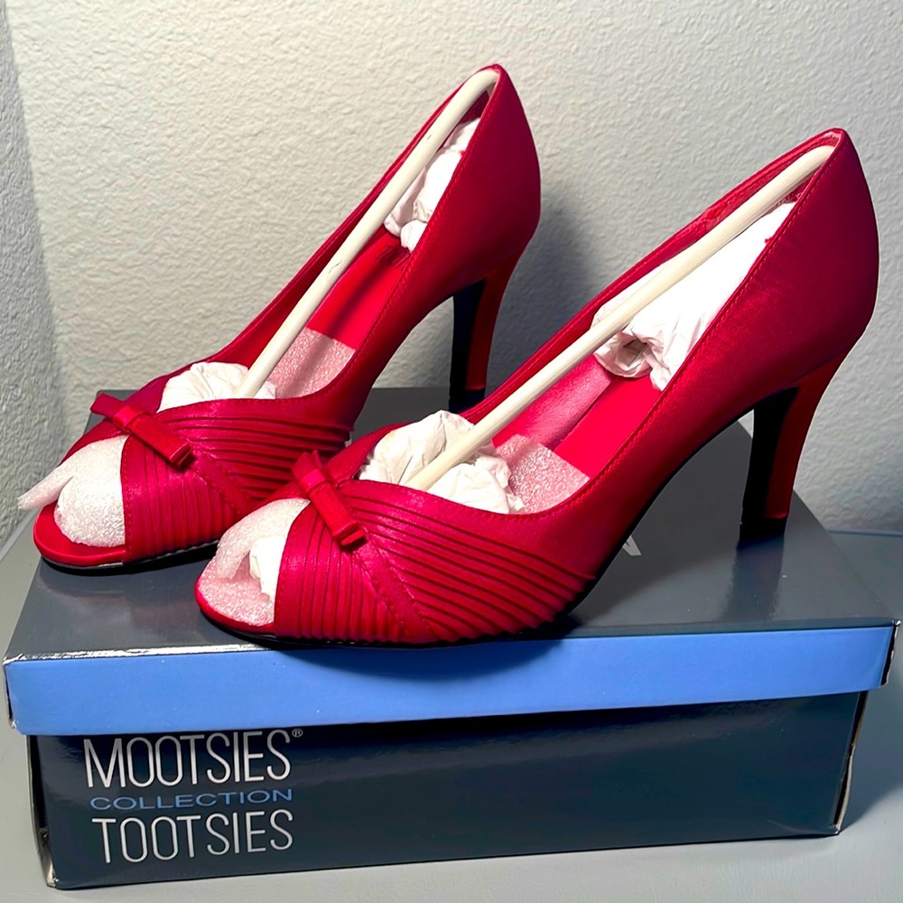 Red satin heels